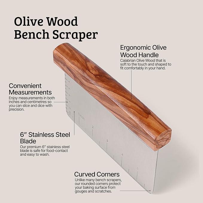 Olive Wood 3"x 6" Bench Scraper for Bread, Stainless Steel Kitchen Utensils Dough Scraper Rounded Corners | Gifts for Sourdough Bakers | Bread Baking Supplies | Vegetable Chopper Pizza Cutter
