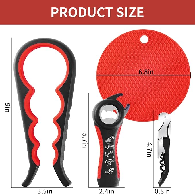 Bloss Jar Opener Can Opener Kitchen Grippers, Multi-use Lid Opener Set | Anti-skid Jar Openers for Weak hands, Seniors with Arthritis, Includes Non-slip Rubber Gripper Pad & Wine Opener, Black Red