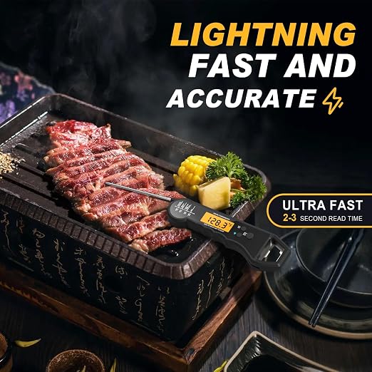 Waterproof Instant Read Digital Meat Thermometer for Cooking and Grilling, Food Thermometer with Backlight, Magnet, Calibration, and Foldable Probe, Bottle Cap Opener for Kitchen Gadgets, BBQ, Grill