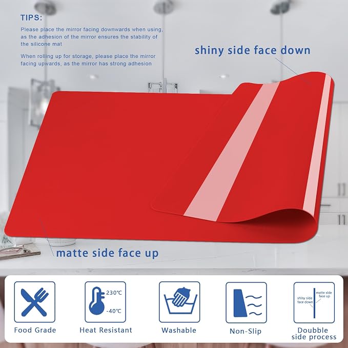 Silicone mats, Food-Grade Non-Slip Heat Resistant Mat Silicone Baking Mat 2MM Thick Pastry Mat,Countertop Protector Mat Hot Pad for Coffee Maker, Air Fryer, Toaster (Red)