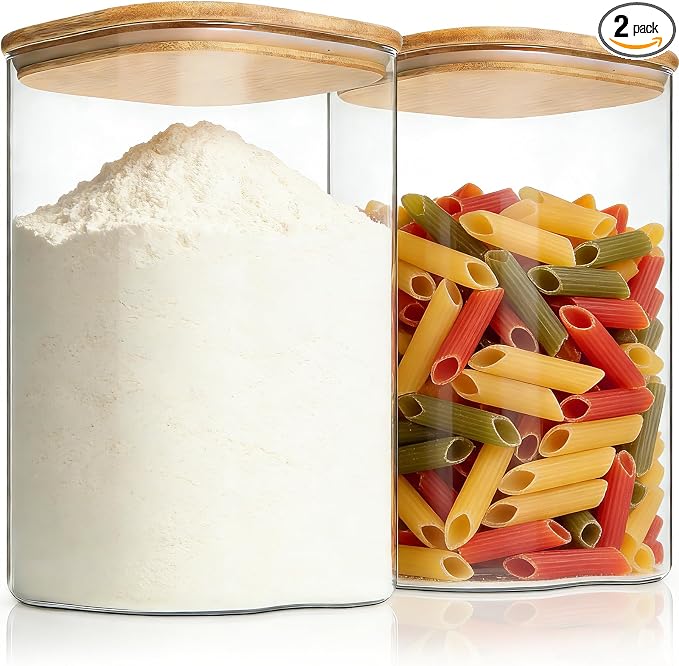 KEYWING 1.2 Gallon Glass Flour Storage Containers with Bamboo Lids, 2 Pack | Large Square Pantry Jar, Big Wide Mouth Canisters for Sugar, Rice, Cereal, Pasta & Coffee Beans