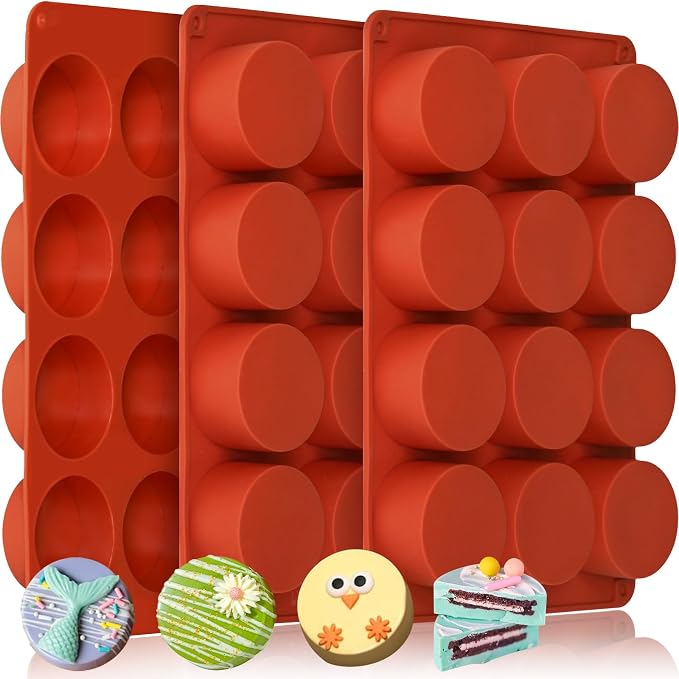 HKNMTT Round Silicone Molds 3 PCS, 12-Cavity 2.1" Round Cylinder Chocolate Covered Cookie Mold, Food Grade Non-Stick Baking Moulds for Candy Handmade Soap Pudding Jello Mini Cake Jelly Brownie