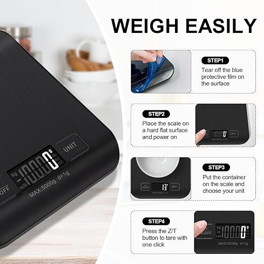 Food Scale, 11lb Kitchen Scale, 0.05oz/1g Weight Grams and Ounces, Black | 6 Conversion units,Automatic overload,Low battery warning modes,2*AAA Batteries,for Baking, Cooking,Dieting and Meal Prep