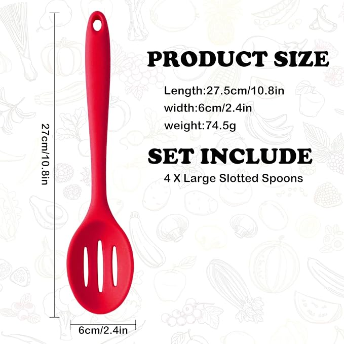 Linwnil 4 Pieces Silicone Slotted Spoons,10.6 Inch Nonstick Mixing Serving Spoons for Kitchen Cooking Bake Stir Draining Tool (4, Red)
