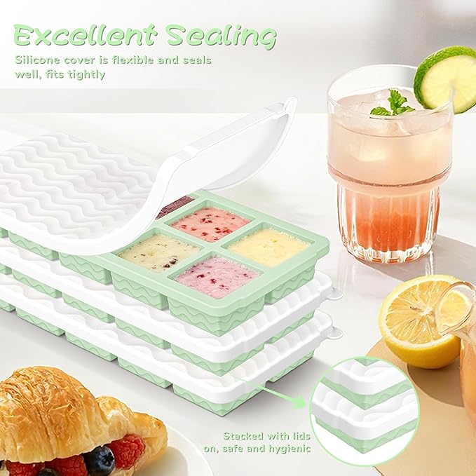 Doasuwish Ice Cube Trays with Lid, 3 Pack 10 Cubes 2 Tbsp. Silicone Ice Cube Trays for Freezer, Perfect for Freezing and Storing Ice Cubes, Chocolates, Sauces, Juices, Fruit Purees and More, BPA Free