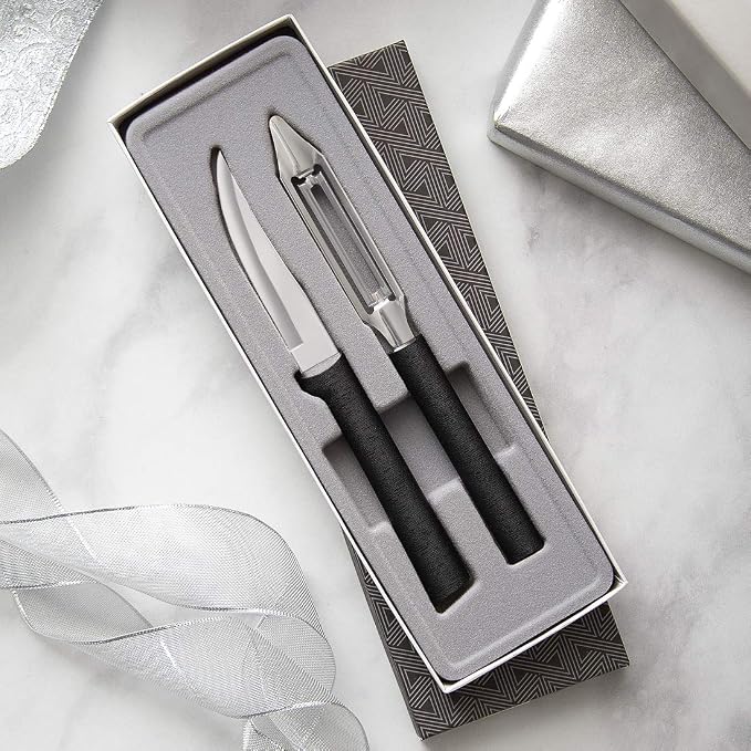 Rada Cutlery Pare & Peel Gift Set (G246) with Quick Edge Sharpener (R119), 2-Piece Knife Set and Knife Sharpener, Stainless Steel Blades, Black Handle