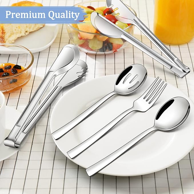 LIANYU Serving Utensils Set of 8, Stainless Steel Serving Spoons, Slotted Spoons, Forks, Metal Tongs for Kitchen Buffet Party Banquet Entertaining, Mirror Finished, Dishwasher Safe
