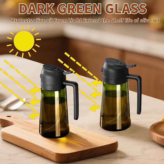 SWEET VIEW 2PCS Olive Oil Dispenser and Oil Sprayer | 16oz/470ml Glass Light-Proof Oil Pourer for Kitchen Air Fryer, Cooking, Salad, and BBQ, with Stickers