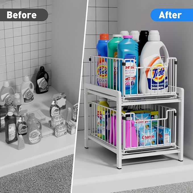 2-Tier Pull Out Cabinet Organizer, Slide Out Under Sink Organizer | Metal Cabinet Baskets with Mesh Sliding Drawer for Home, Office, Bathroom, Kitchen, Pantry Storage Shelf, Large White