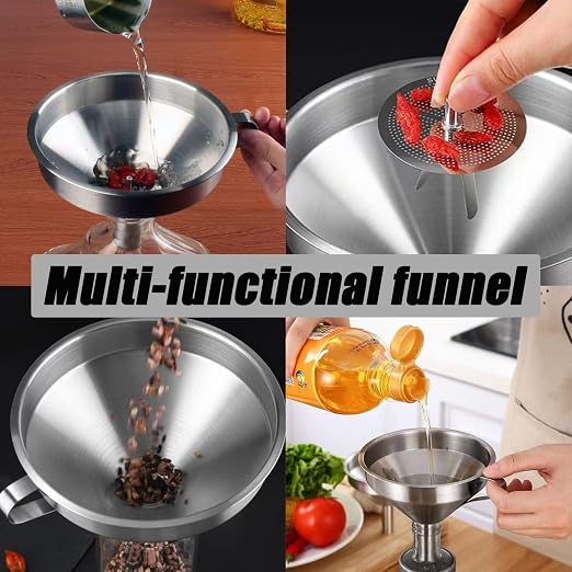 4.3-Inch Silver Stainless Steel Funnel with Strainer, Metal Funnel with Cleaning Brush, Filtering Funnel for Filling Bottles Transferring Liquid Oil Juice Milk Kitchen Use