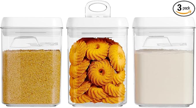 Felli Flip Tite Storage Container with Built-In Spoon & Airtight Lid 5” Large-M Ring Flip Top, Stackable Acrylic Canister for Sugar Flour Powder, Kitchen Pantry Organizer (1.8qt), 2 spoons