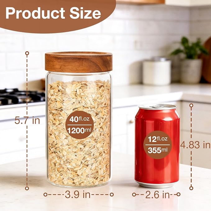 CONNOO 40oz Airtight Glass Storage Containers with Wood Lids (3-Pack) | Airtight Pantry Containers, Keep Pasta, Cereal & Dry Foods Fresh, Includes 120 Labels for Easy Kitchen Organization