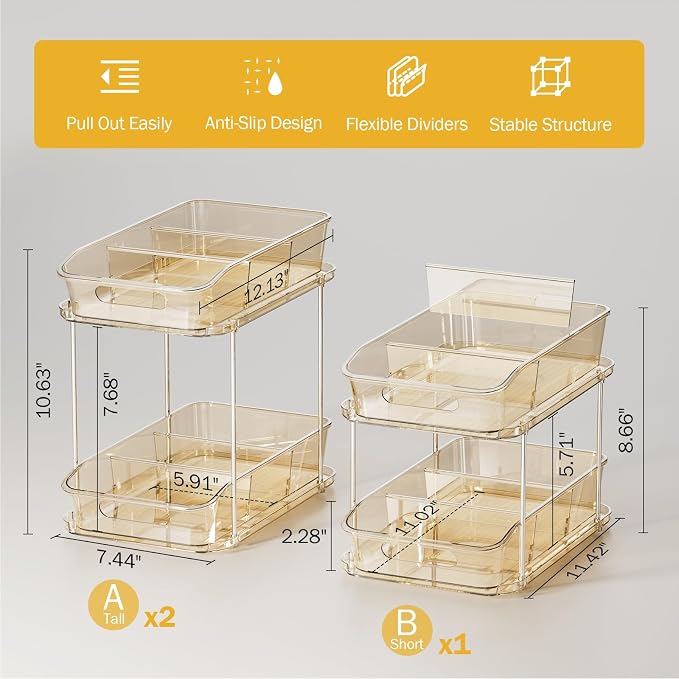 Delamu 2-Tier Under Sink Organizers and Storage, Multi-Purpose Stackable Bathroom Cabinet organizers, Pull Out Kitchen Pantry Organization and Storage with Dividers(3 Pack, Amber)