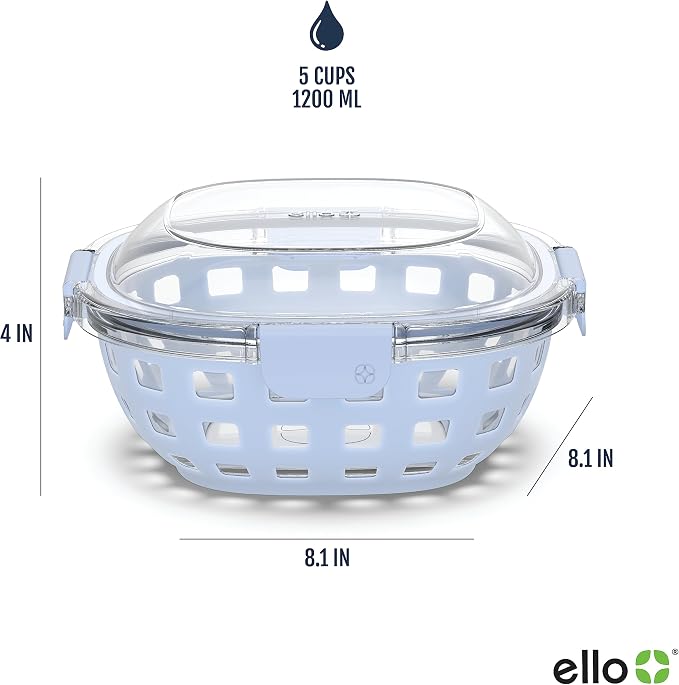 Ello DuraGlass Food Storage Glass Lunch Bowl Container - Meal Prep Container with Silicone Sleeve and Airtight Lid, 5 Cup, Blue | Leakproof glass meal prep salad bowl. BPA-free lid, silicone sleeves, great for meal prepping, food storage, and leftovers.