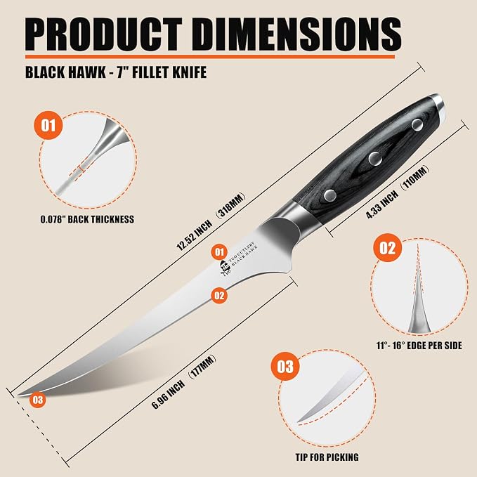 TUO Fillet Knife, 7 Inch Professional Fish Boning Knife for Trimming Meat & Poultry, Flexible Blade, High Carbon German Steel, Full Tang Handle - Black Hawk Series