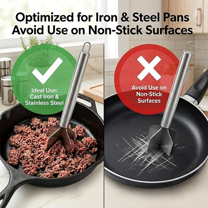 Stainless Steel Meat Masher, 6-Blade Ground Beef Chopper Tool with Hanging Loop for Hamburger, Potato,Vegetable Puree