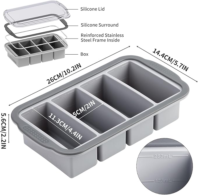Extra Large Silicone Cube Freezing Trays with Lid - 1 Cup Portions, Makes Four Great Soup, Broth, Sauce or Butter Trays - 2 Pack, Grey