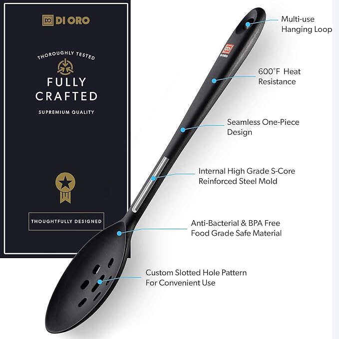 DI ORO Silicone Slotted Spoon - High Heat Silicone Spoon for Cooking & Serving - 600F Nonstick Safe - Dishwasher Safe (Black)