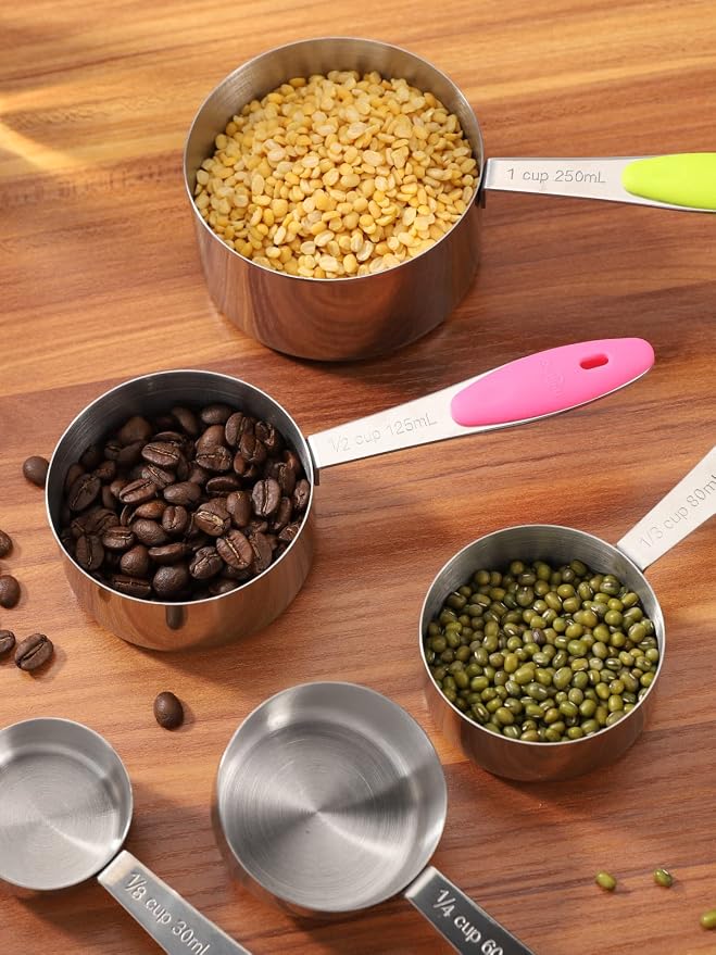 Joyhill Stainless Steel Measuring Cups and Spoons Set of 10 Piece, Nesting Metal Measuring Cups Set with Soft Touch Silicone Handles for Dry and Liquid Ingredients, Cooking & Baking (Colorful) | BPA-Free Silicone Handles, Etched Markings, Nestable Desi...