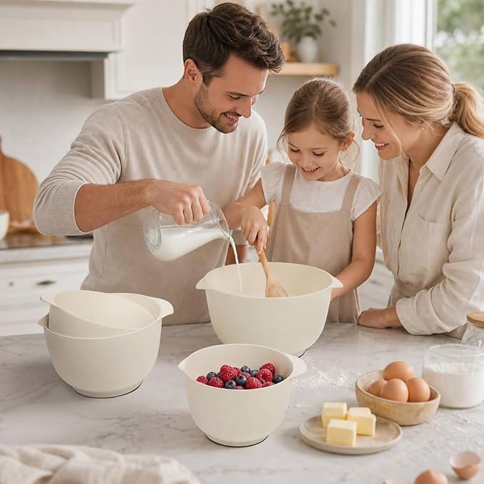 BoxedHome 4.5 Quart Large Plastic Mixing Bowls set with Pour Spout, Beige | BPA-Free Plastic, Microwave & Dishwasher Safe, 4-Piece (1.7, 2.5,3.5 & 4.5 Qt),Nesting Bowls for Space Saving Storage