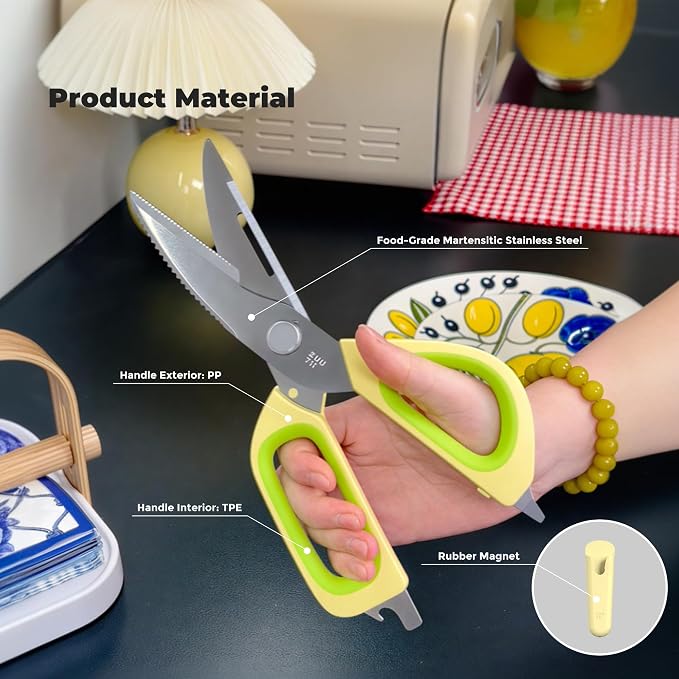 Zuutii Magnetic Kitchen Scissors, Heavy Duty Multi-Purpose Cooking Shears - Dishwasher Safe, Comfort Grip with Safety Lock Food Scissors for Chicken Bones, Herbs, Poultry, Vegetables, Begie&Pink