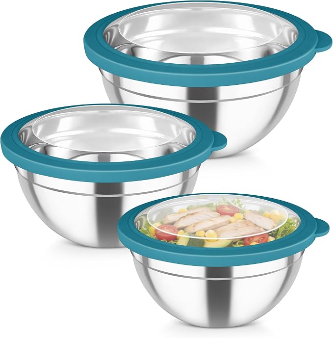 TeamFar Mixing Bowl Set, 4.5/3/1.5 QT Stainless Steel Nesting Salad Bowls with Airtight Lids, For Serving/Mixing/Storing/Prepping, Non-Toxic & Sturdy, Visible & Easy Clean, Dark Blue, Set of 3