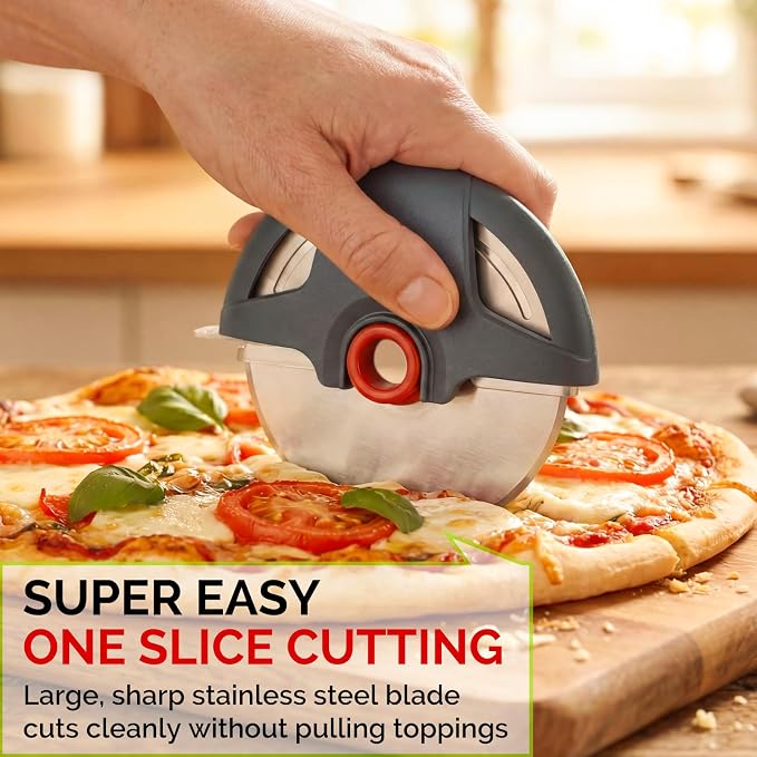 UHIYEE Palm-Grip Pizza Cutter Wheel with Protective Blade Guard, 4.3" Detachable Stainless Steel Pizza Slicer for Deep Dish Crusts, Easy Cleaning, Gray