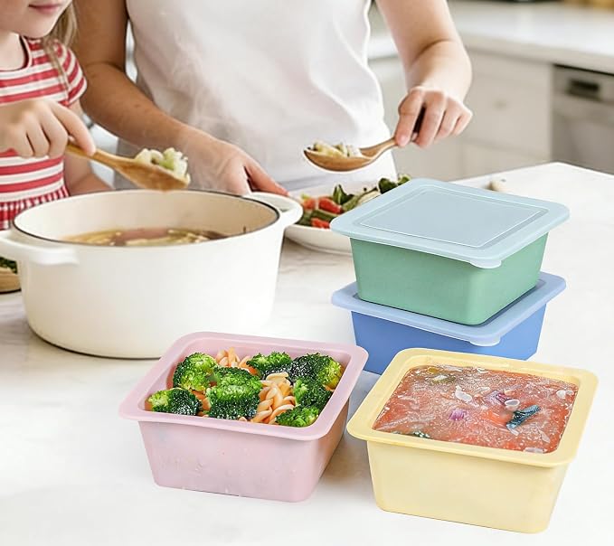 Webake 2-Cup Silicone Freezer Trays with Lids (4-Pack), Individual Portion Control Containers for Soup & Meal Prep – Easy-Release Single-Serving Molds for Lasagna, Leftovers, and Sauces