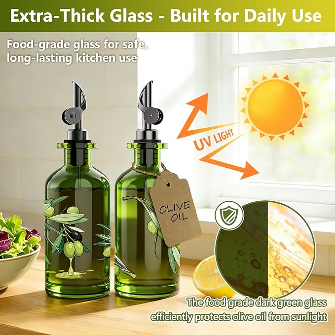 Olive Oil Dispenser Bottle for Kitchen, 12oz/350ml Extra Thick Glass Oil and Vinegar Cruet with Stainless Steel Pourer, Funnel & Cleaning Brush, Premium Oil Dispenser Set (Olive)