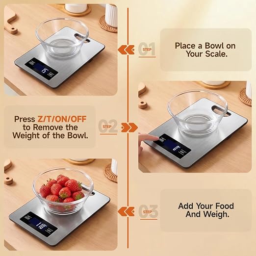 Food Scale, Digital Kitchen Scale with Hanging Loop, 11lb Baking Scale | 1g Accuracy, g/oz,etc.5 Unit Conversion, Tare Function, Fingerprint-Resistant Steel, Suitable for Cooking, Baking ,Meal Prep