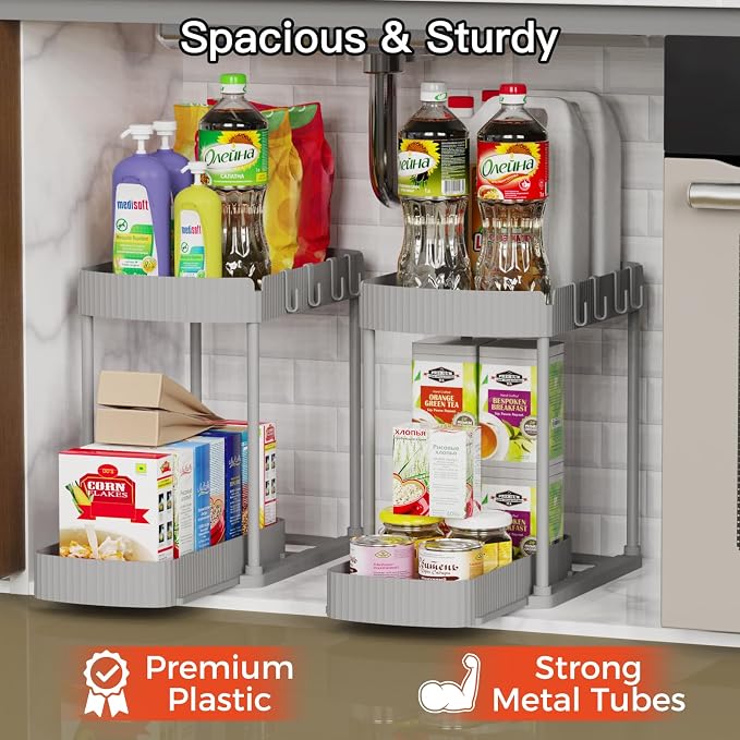 2 Packs Under Sink Pull-Out Storage Organizers, 12.8 Inches, Grey | Multi-Purpose Cabinet Organizers and Storage for Bathroom & Kitchen