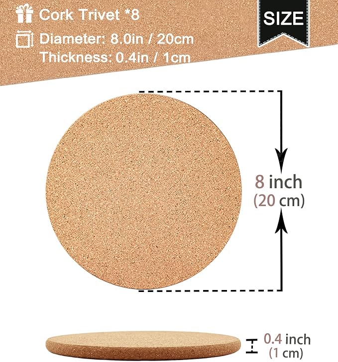 Cork Trivet, 8 Pack High Density Thick Cork Trivets for Hot Dishes, 8 Inch Heat Resistant Large Coaster for Kitchen, Hot Pads for Table & Countertop
