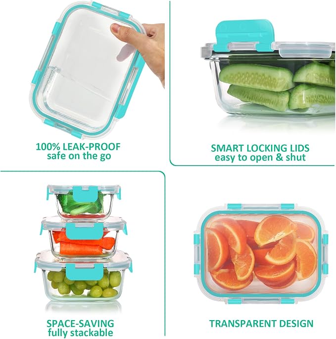 24 Pieces Glass Food Storage Containers Set, Green | Meal Prep Containers, BPA-Free, Airtight Glass Storage Containers with lids, Freezer, Microwave and Oven Safe