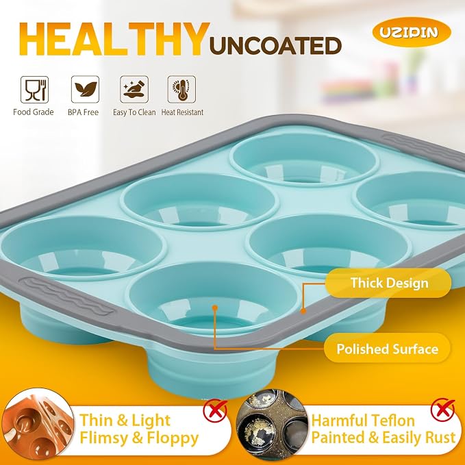 Silicone Muffin Pan, 6 Cups Non-Stick Cupcake Pan, Food-Grade BPA-Free Muffin Tin, Oven-Safe 450 °F, Reinforced Steel Frame, Easy-Grab Handles, Quick-Release 2.7" Baking Molds for Mini Treats