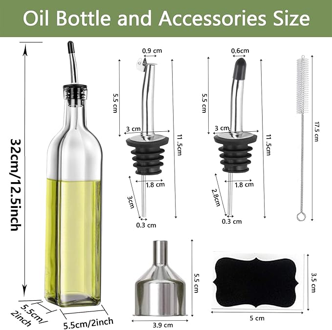 Leaflai Olive Oil Dispenser Bottle, 2 Pcs Glass Olive Oil Dispenser and Vinegar Dispenser Set with 2 Stainless Steel Pourers, 4 Labels,1 Brush and 1 Funnel Oil Bottles for Kitchen (500ml)