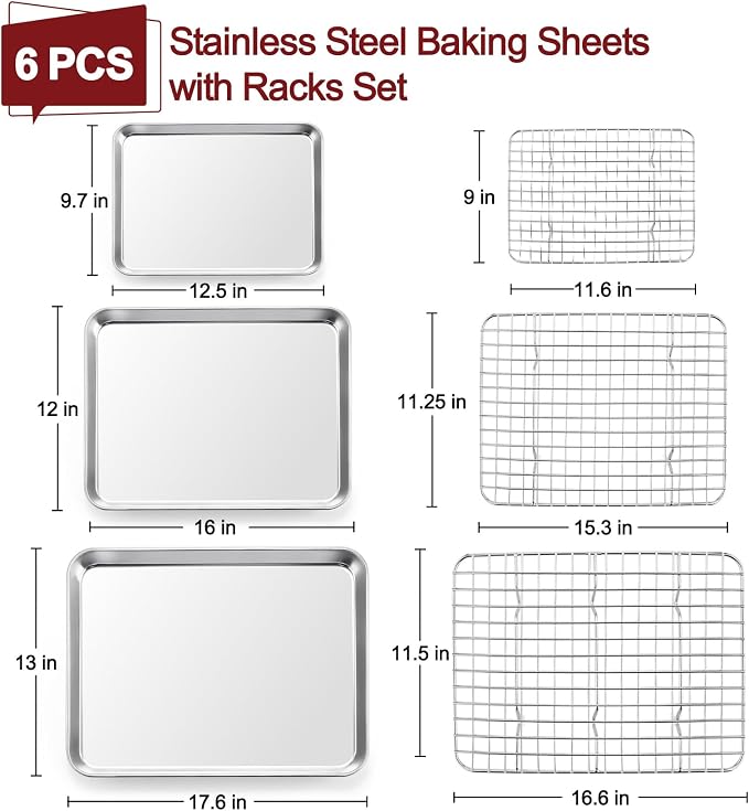 TeamFar Baking Sheet with Rack, Stainless Steel Sheet Pan-17.6/16/12.5 Inch | Cookie Sheets Baking Trays and Cooling Racks for Cooking, Non-Toxic & Heavy Duty, Dishwasher Safe, 6 PCS (3 Pans + 3 Racks)