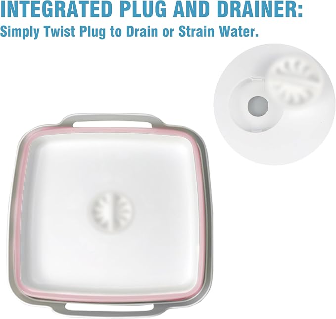 Dish Basin Collapsible with Drain Plug Carry Handles for 9L Large Capacity, Washing Basin, Collapsible Dish Tub for RV Sink, Vegetable, Fruit, Food Sink Strainer Dish Washing Tub - Pink