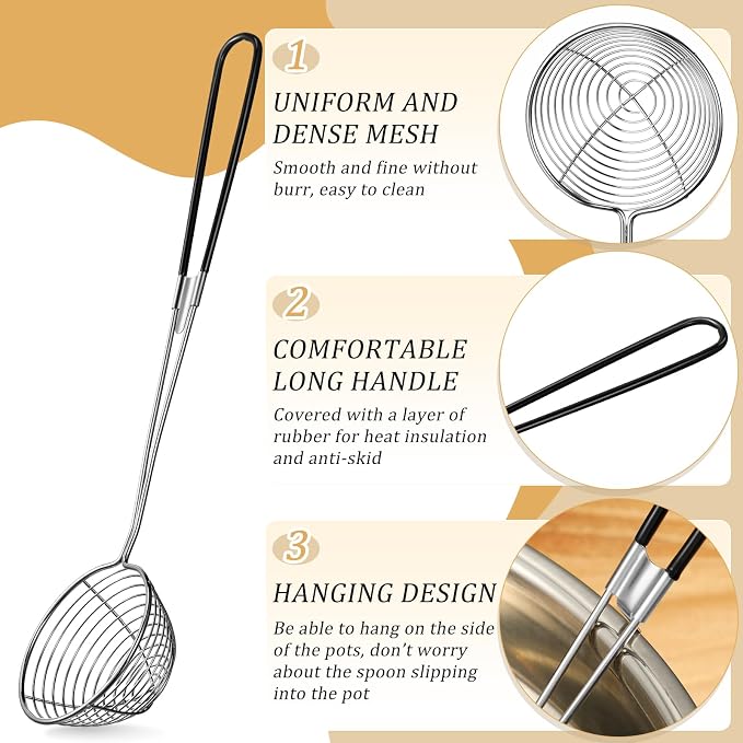 Geiserailie 8 Pieces Hot Pot Kit Strainer Scoops Stainless Steel 2.5 Inch Mini Spider Strainer Skimmer Pasta Mesh Spoon Asian Skimmer Spoon Ladle with Handle for Home (Black)