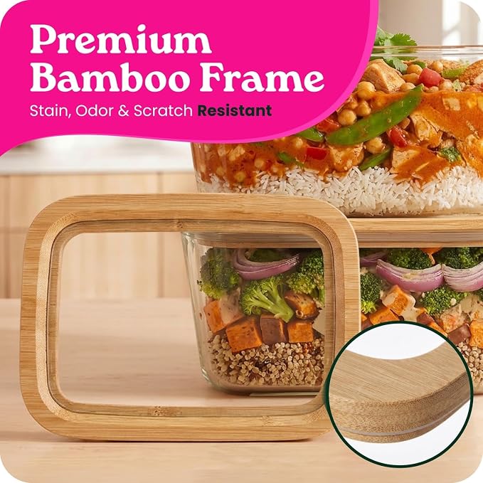 Large Glass Food Storage Containers with Glass Lids & Bamboo Rim – 87 Oz 2 Pack Plastic Free Glass Meal Prep Containers for Lunch, Eco Friendly Airtight Food Storage, Microwave & Oven Safe