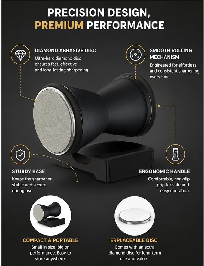 Rolling Knife Sharpener Kit - Crafted with Premium Stainless Steel | Kitchen Knife Sharpener Includes a 400 Grit Diamond Disc to Restore Sharpness and a Ceramic Disc to Polish and Smooth the Blade