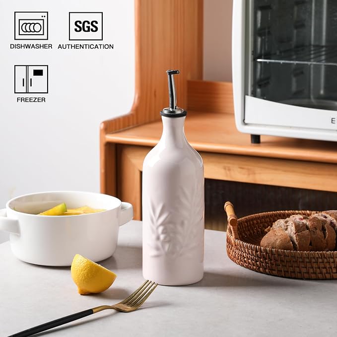 Sweejar Ceramic Olive Oil Dispenser Bottle, 20 Oz Relief Opaque Oil Cruet Protects To Reduce Oxidation, Suitable for Storage Vinegar, Soy Sauce,Liquids,Set of 1 (Rose Quartz)