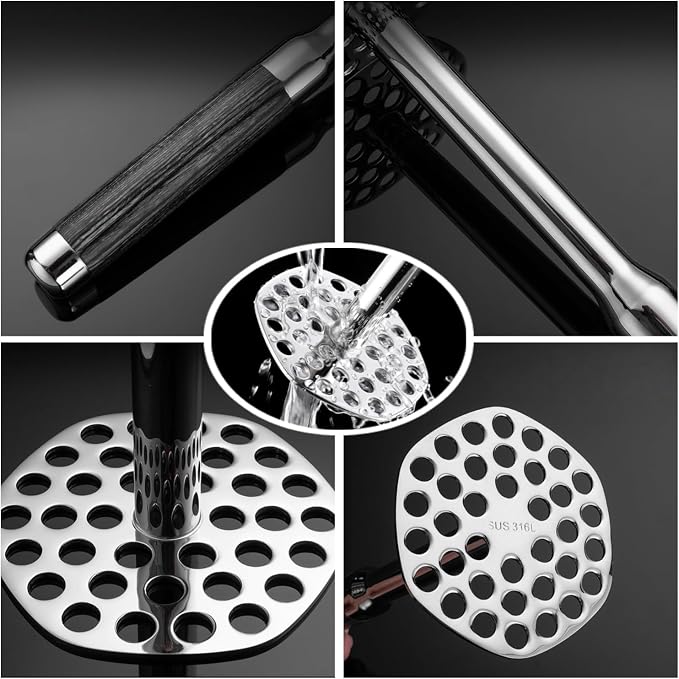 316 Stainless Steel Potato Masher, 10 Inch Heavy Duty Masher with Ergonomic Wood Handle, for Smooth Mashed Potatoes, Guacamole, Baby Food