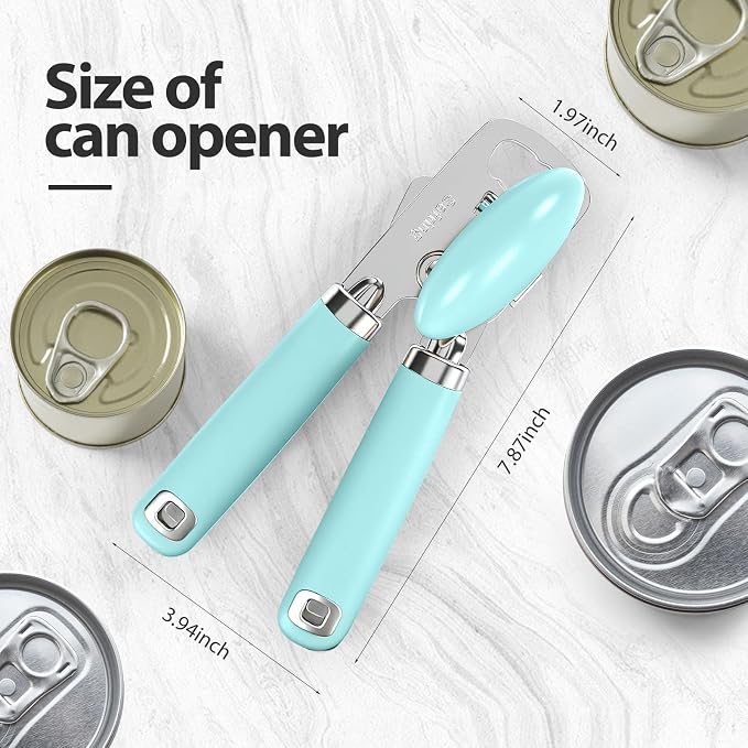 Safring Can Opener Manual, Heavy Duty Stainless Steel Smooth Edge Can Openers With Soft Touch Handle, Oversized Handheld Easy Turn Knob, Multi-Function Bottle Opener, Aqua Sky