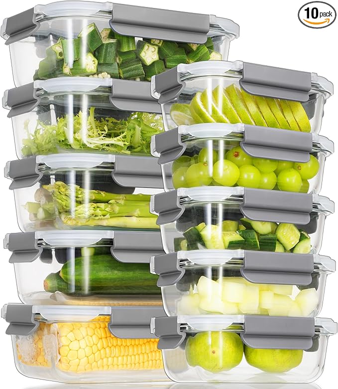 AILTEC Glass Food Storage Containers with Lids, 10 Pack Meal Prep Set | 12.5oz/35.5oz Rectangle Set, Borosilicate Glass, Leak Proof, Oven, Microwave & Freezer Dishwasher Safe, BPA Free