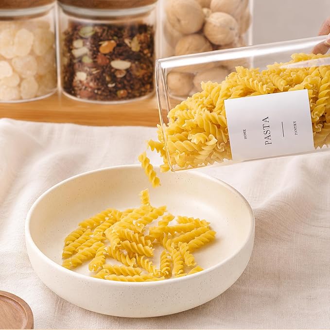 3 Pack Glass Containers with Acacia Lids, 45oz Pantry Airtight Storage Jars | Kitchen Canister Set with 105 Labels, Pantry Food Storage Containers with Wood Lids for Oats, Flour, Coffee, Sugar, Pasta