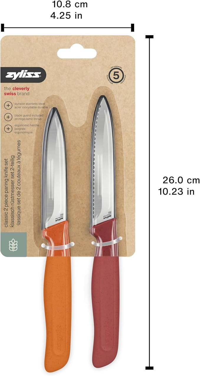 Zyliss Classic 2 Piece Paring Knife Set with Straight & Serrated Blades, Stainless Steel 15° Hollow-Ground Edge, Ergonomic Wheat Straw Handles, Blade Covers Included
