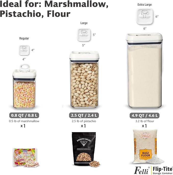 Felli Flip Tite Acrylic Food Storage Container with Lid 6” XL Air Tight Ring Seal Flip Lock, Plastic Kitchen Baking Canister for 5 lb Flour Sugar Rice Protein Powder Pantry Organizer (Nest-L)