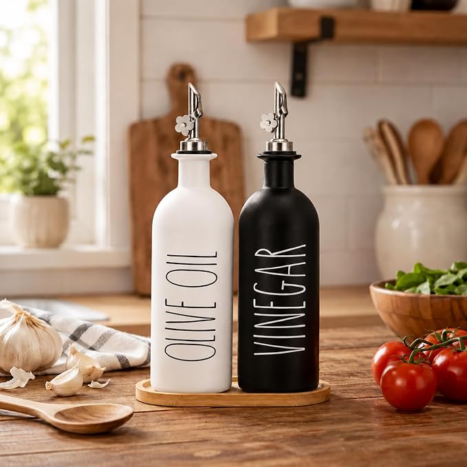 HOMCDALY 16oz Olive Oil Dispenser Bottles for Kitchen, Glass Oil Dispenser for Kitchen with Bamboo Tray, Oil&Vinegar Dispenser Set | Set of 2 (16oz-P-Black&White)
