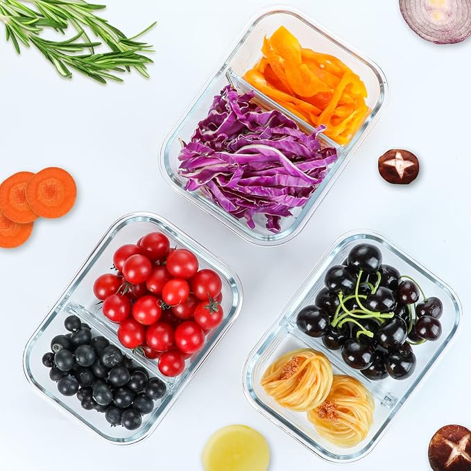 M MCIRCO 5 Pack,36 oz, 2 Compartments Glass Meal Prep Containers with Lids | Divided Glass Food Storage Containers, Portion Control Lunch Containers, Microwave, Oven, Freezer, Dishwasher, 4.5 Cups, Gray