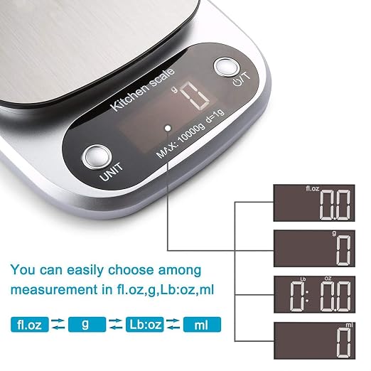 Digital Food Scale, 22lb Kitchen Scale Measures in Grams, Ounces and ML for Weight Loss, Baking, Cooking, 1g/0.1oz Precise Graduation, 304 Food Grade Stainless Steel, Batteries Included